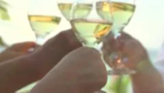 Friends raising wine glasses toasting and drinking wine