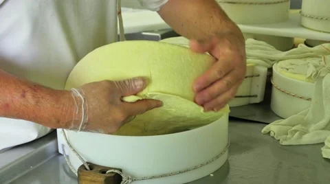 0427 UHD Cheese factory. worker is preparing just made cheeses for seasoni Stock Footage 40669988