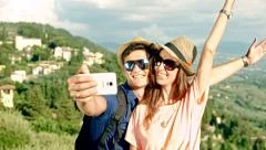 Cute Young Tourist Couple Taking Selfie Nature Landscape Outdoors Europe