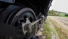 pov view of steam engine train wheels. locomotive background