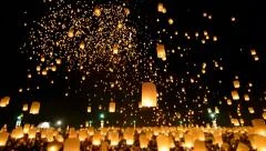 Many Sky Fire Lanterns Floating In Loi Krathong Festival Of Thailand (long shot)