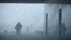 people struggling inside hurricane force extreme weather rain storm blizzard