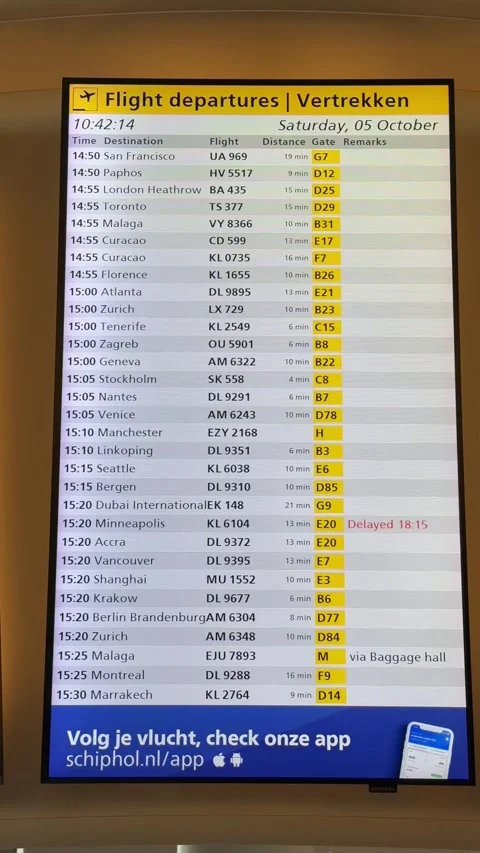 05 October 2024, Schiphol, Netherlands, International Airpot departure board Stock Footage 308017953