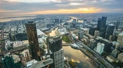 Aerial View Of Melbourne Cityscape During Sunset. Timelapse, Static Cam