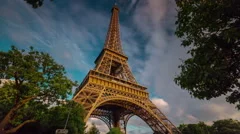 sunset light paris eiffel tower from down to top view 4k time lapse france