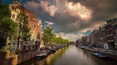 sunny day amsterdam city canal panorama 4k time lapse netherlands