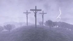 Jesus on cross, zoom out, time lapse clouds and stormy weather