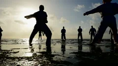 Group of people practicing martial arts at dawn