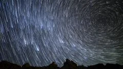 Astro Time Lapse of Meteorite Burst & Star Trails over Desert Rock -Pan Right-
