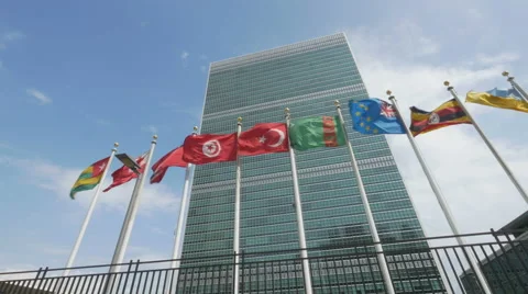  0590 Flags waving in front of United Nation Headquarter Stock Footage 44628387
