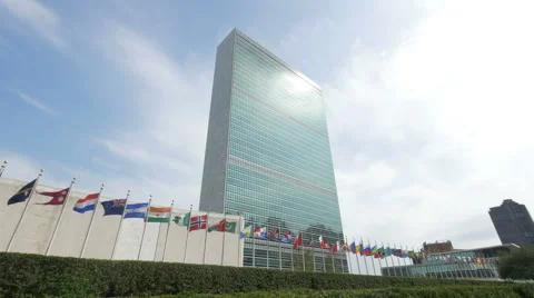 0591 Flags waving in front of United Nation Headquarter Video stock 44631276