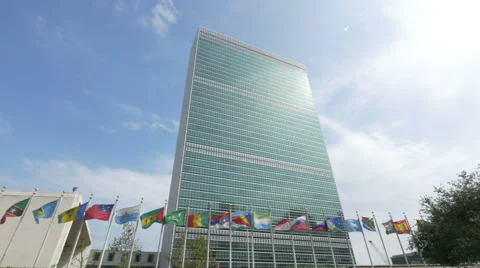 0592 Flags waving in front of United Nation Headquarter Video stock 44629427