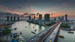 sunset till night bangkok river traffic bridge roof view 4k time lapse thailand
