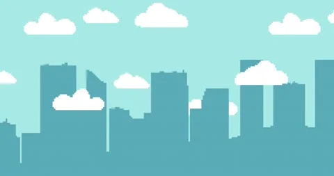 05Pixel city, clouds, sky. Clouds animation. Vector Pixel art 8 bit Stock Footage 148194969