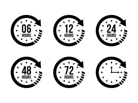 06, 12, 24, 48, 72 Hours Clock Arrow Vector Icon for Work, Delivery, and Se.. Stock Illustration