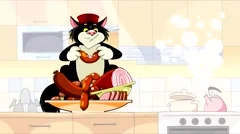 cartoon cat eats meat sitting in the kitchen.
