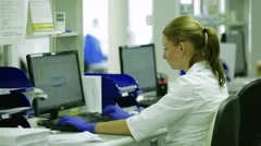 Young Scientist Woman in a Medical Lab Coat and Rubber Gloves Enters Data Into