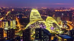 China Beijing,modern office buildings,dusk to night, panning time-lapse.