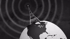 Retro Radio Tower on rotating globe and emitting radio waves - close tilted