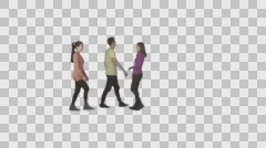 Two girls and guy are walking, laughing, smiling. Clip with alpha channel