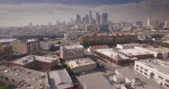 Aerial view of Arts district with downtown Los Angeles skyline in background
