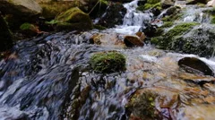 Green and wet mossy stones along mountain river stream with many curved cascades