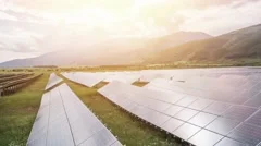 Aerial Of Solar Panel Farm Sun Energy Conservation Power Supply Sunset Green