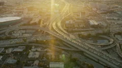 Aerial sunrise view of busy freeway system Los Angeles USA