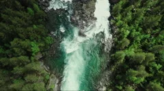 Top Down view of Fast Moving River with Rapids Surrounded by Pine Forest.