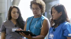 Medical team using digital tablet in hospital corridor
