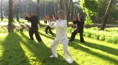 Training in the park. Workout. Group of four people practicing qigong. 4K