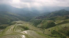Aerial view stunning mountain panorama green rice terraced fields China Asia