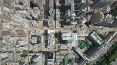 Flying over grid structure, overhead view of dense urban Hong Kong city