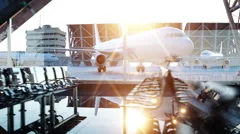Airport terminal. fly animation. Wonderfull sunset. Buisnes and travel concept