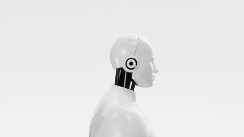 07 Full -body humanoid robot turning in loop on white background making zoom Stock Footage 243531751