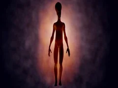 Celestial hybrid human alien being walking in glowing background aura