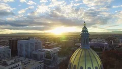 4k aerial drone footage.  Golden dome of Colorado State Capital.  City of Denver