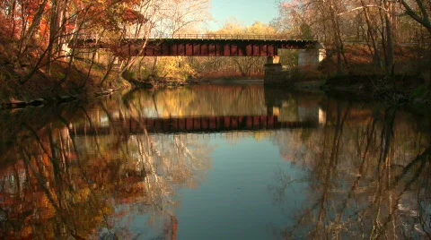 0706-B034 - Rail Bridge Over River Stock Footage 266421