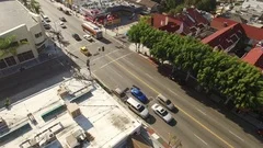 Aerial drone footage over Melrose Avenue, Los Angeles