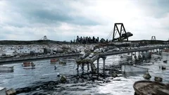 Apocalypse sea view. Destroyed bridge. Armageddon concept.realistic animation.