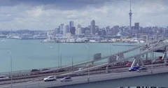 aerial shot of Auckland harbour bridge & city skyline, New Zealand