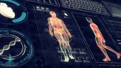 Human Anatomy Body Walking with Futuristic Touch Screen Scan Interface