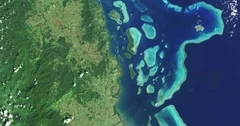 High-altitude aerial of Vanua Levu (Sandalwood Island) and waters, Fiji
