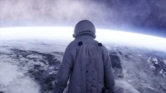 alone astronaut in futuristic space corridor, room. view of the earth.