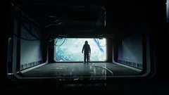 alone astronaut in futuristic space corridor, room. view of the earth. cinematic
