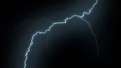 Set of Beautiful Lightning Strikes on Black Background. Electrical Storm.