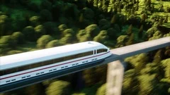 futuristic, modern train passing on mono rail. Ecological future concept.