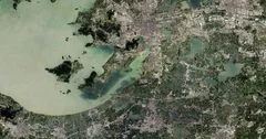 High-altitude overflight aerial of Taihu Lake, Suzhou and Wuxi, China