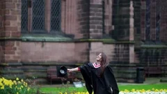 Happy Student Throws Graduation Cap Asian Female University Throwing Slow Motion