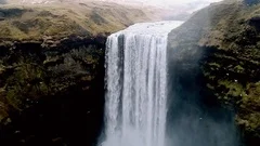 Aerial flight over Skogar waterfall, Iceland